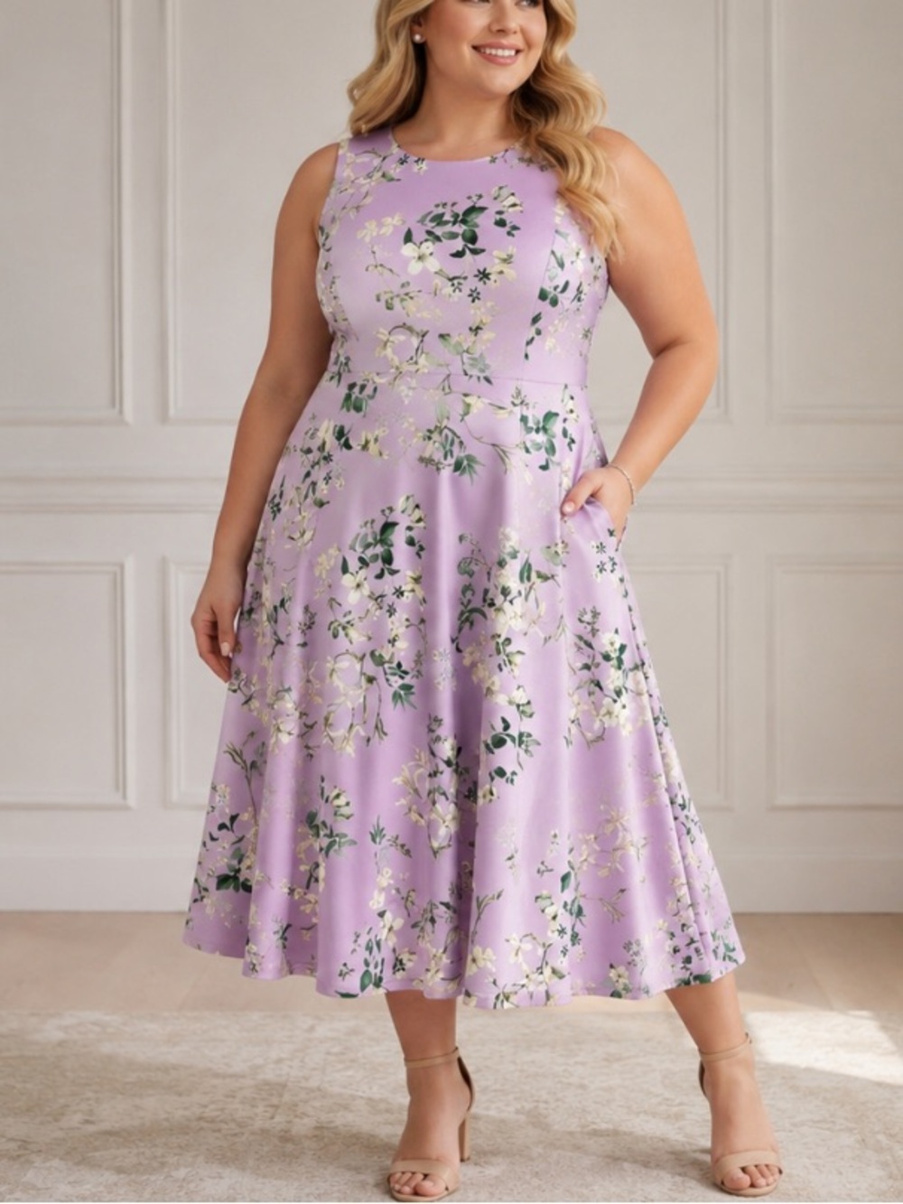 Calvin Klein Lilac Floral Fit & Flare Midi Dress Plus Size 16W 39896
